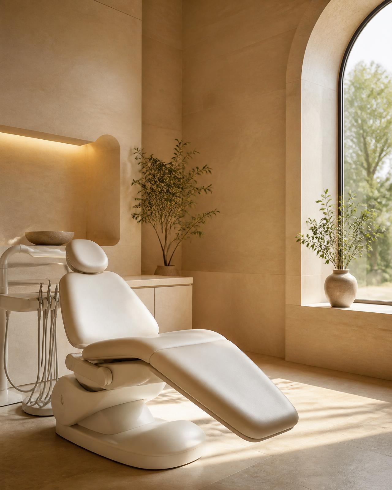 Serene limestone treatment suite with sculptural chair and soft natural light